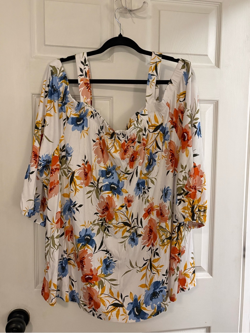 White Floral Cold-Shoulder Dress with Blue and Coral Blooms